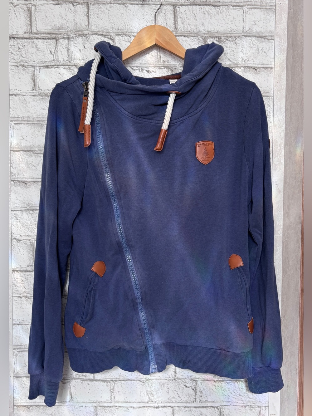 Wanakome Navy Asymmetric Zip Hoodie Sweater with White Rope Drawstrings